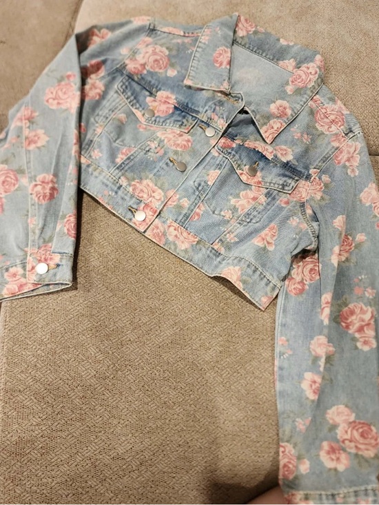SHEIN Jackets & Blazers - SHEIN Light Blue Denim Jacket with Pink Rose Print